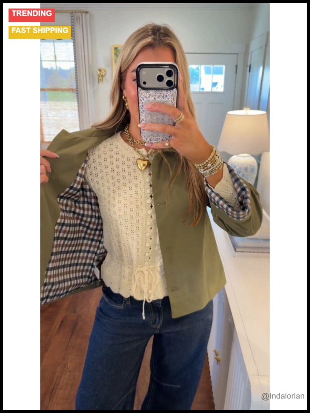 Oversize Trench Coat Plaid Lining Lapel Button Down Crop Jacket - Picture 5 of 6